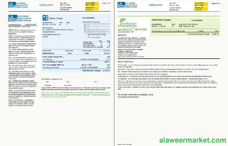 USA LA DWP utility bill template in Word and PDF formats, 4 pages, version 2, 3-4 pages